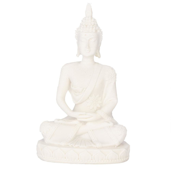 Mediterande sittande Buddha-statyetsnideri hantverk för hemdekoration prydnad (vit)