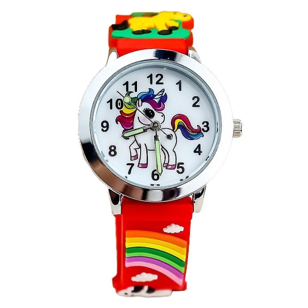 Barn Flickor Silikon Tecknad Unicorn Watch Mode Quartz Armbandsur Presenter（Röda）