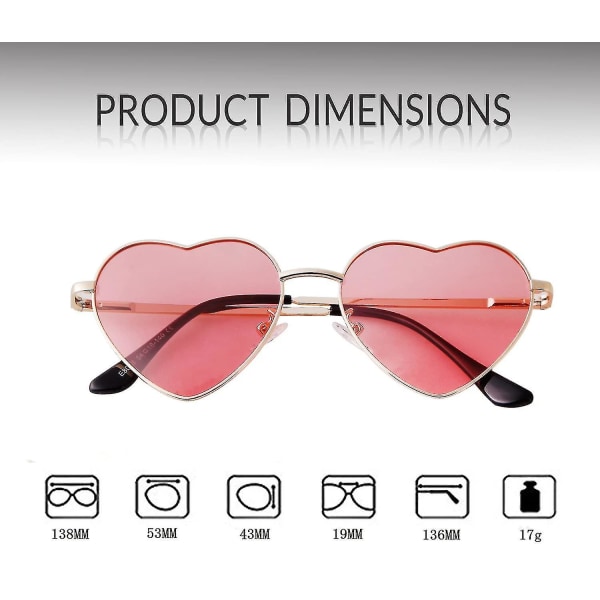 Vintage polarisert hjerteformede solbriller, hippiebriller hjerteformede solbriller, ultralett metallinnfatning fjær