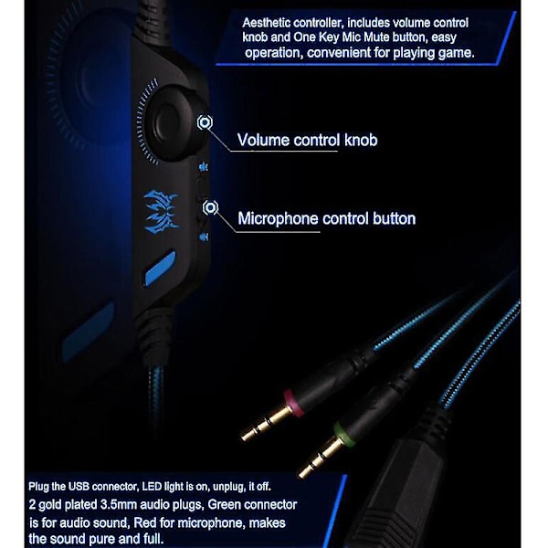 Gaming-headset med brusreducering, dynamisk sensorisk, Hi-Fi-hörlurar, mjukt minnesskum, LED RGB-ljus för PC, bärbar dator, Mac50mm Spe