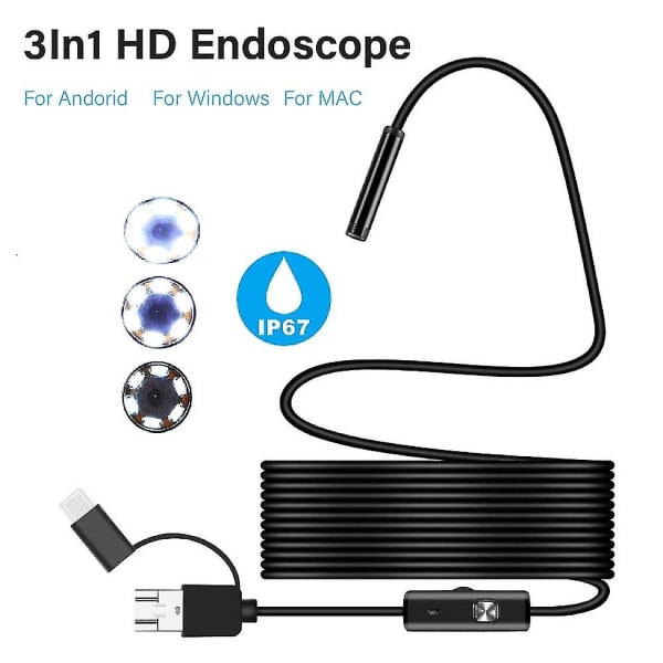 Hiborth 1/2/5m Micro USB Type-C vanntett endoskopinspeksjonskamera for Android-telefon