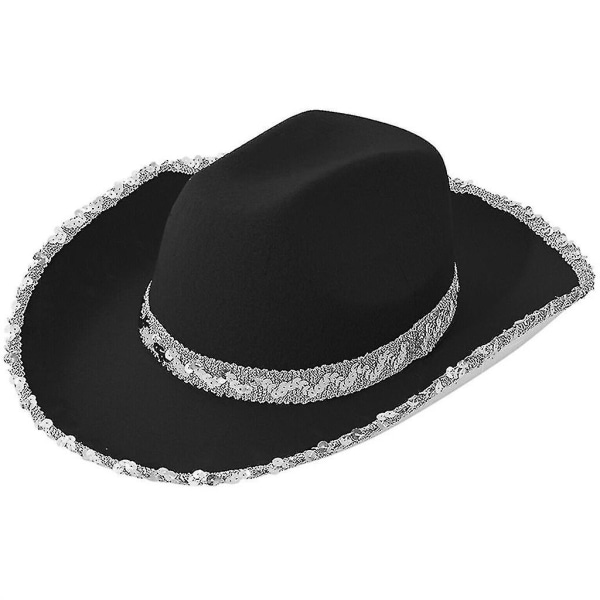 Pailletter Buet Skyggehat Jazz Top Hat Cowgirl Pailletter Skygget Cowboyhat Unisex（Sort）