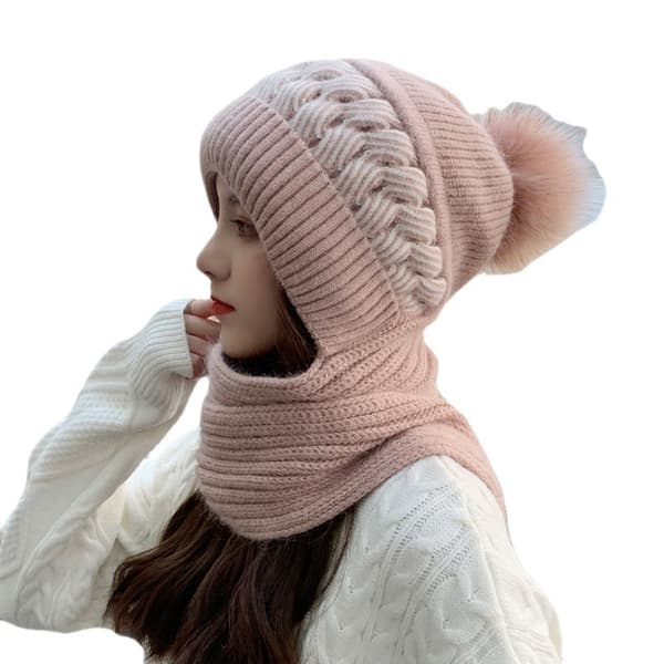 Dam Vintermössa Stickad Hatt Fleece Öronlappar Mössa Pompom Hatt-Vit