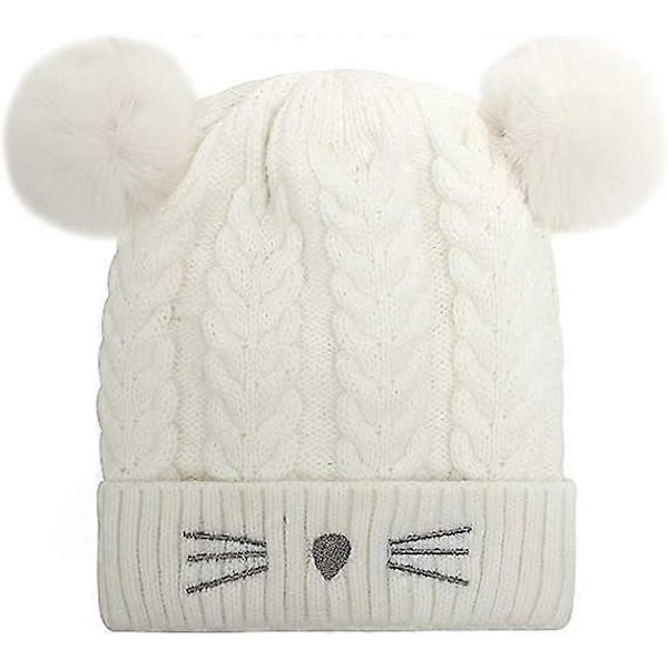 Stickad Katt-Vinterbollmössa för Småbarn, Beanie, Broderad, Varm, Bomullsull, Barnmössa