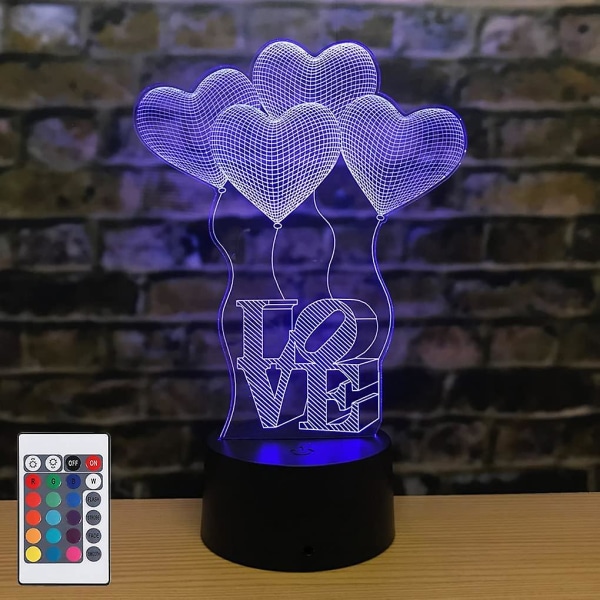3D Illusion Lampe 4 Love Heart Ballon Opdateret 16 farver Natlys til børn Touch Sensor & Fjernbetjening USB Batteri Strøm Sengebord Skrivebord Soveværelse Hjem De