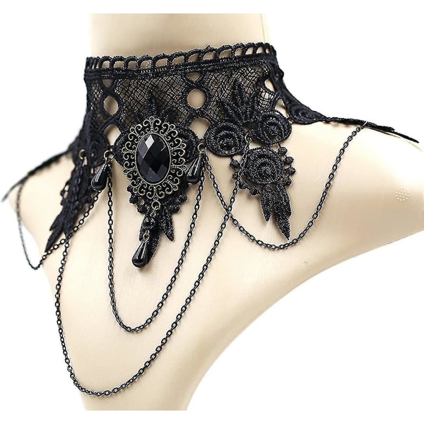 Elegant Vintage Princess Black Lace Gothic Statement Halskæde Armbånd Victorian Lolita Choker Pendant Vampire Chain_as