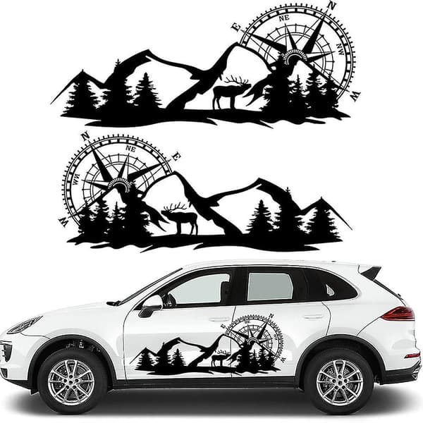 2X Body Sticker Decal Large Compass Navigation with Mountain Deer for Van Black