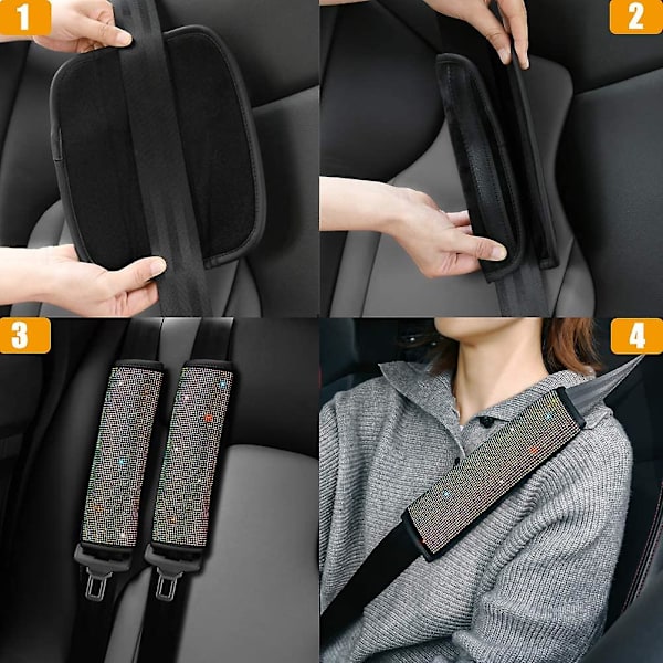 Mjuka sammetssätesbältes axelskydd med Bling Rhinestones Bling bilbältesöverdrag för kvinnor, Crystal Handbrake Cover, Bling Ring Set 4 Pack Set Un