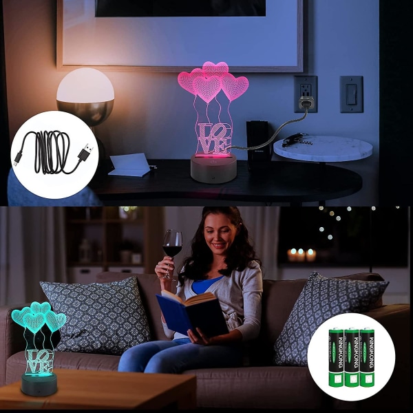 3D Illusion Lampe 4 Love Heart Ballon Opdateret 16 farver Natlys til børn Touch Sensor & Fjernbetjening USB Batteri Strøm Sengebord Skrivebord Soveværelse Hjem De