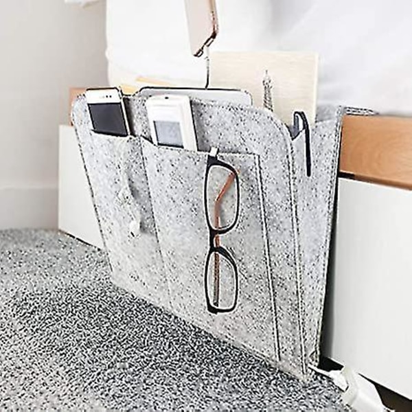 Huopa Bedside Caddy, Bedside Pocket Caddy Sängyn organizer Säilytys sisäpuolella, 5 taskua ja latauskaapelin reikä (harmaa)