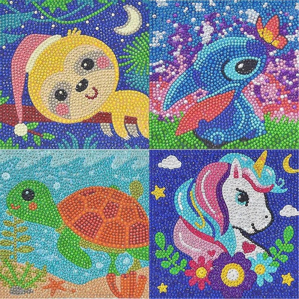 Barn Djursköldpadda Enhörning Sloth Stitch Diamond painting , 4-pack diamantkonst för barn, nybörjare, 5d gör-det-självmålning, stor realistisk pärla, full borr