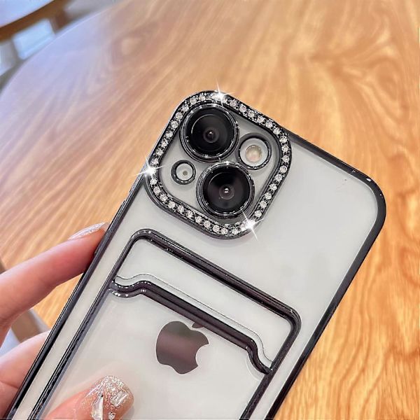 Pläterad Plånboksfodral för iPhone 14, Bling Glitter Diamant Kortinnehavare Kameraskydd Lyxigt Fodral + 2* , Kortfack Elegant