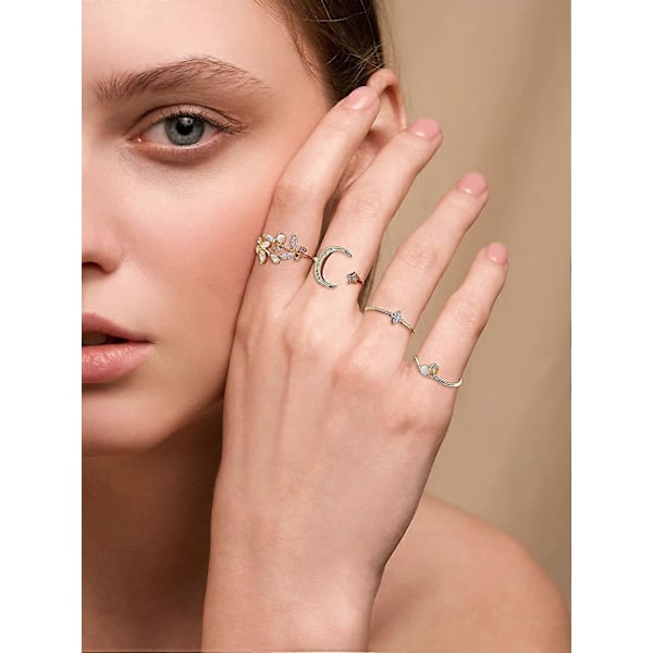 Boho Stackbara Ringar för Kvinnor Guld Knogring Set Enkla Stjärna Måne Blomma Ringar för Tonårsflickor Stackbara Estetiska Ringar Presenter för Tonåringar