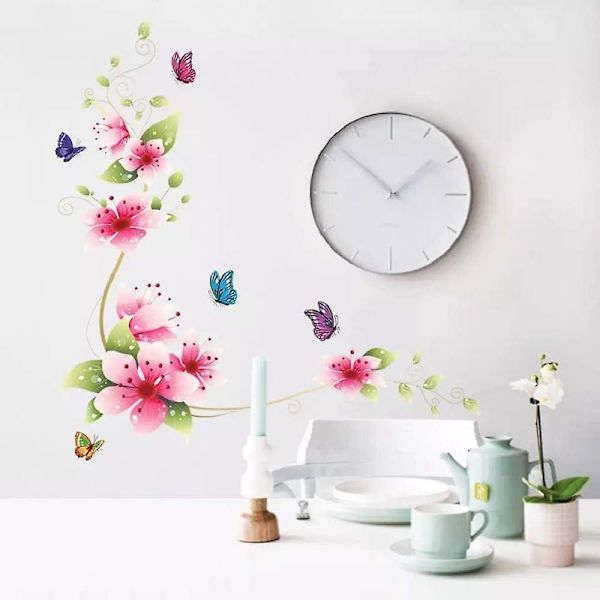 Väggdekaler Rosa/röd (62x64 Cm) | Blommig Fjäril Växter Gren Träd | Självhäftande Väggdekal För Vardagsrum Barnrum Kök Badrum