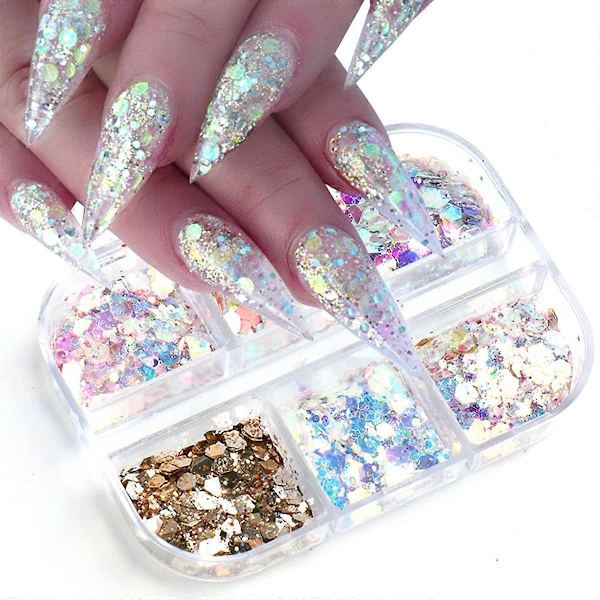 Holografiskt Nagelglitter Nagelkonsttillbehör Sekvenser 6Rutor 3D Laser Nagelglitterflingor Hartskonst Glitter Sjöjungfru Nagel Sekvens Cirkel Hexagon Nagelkonst S