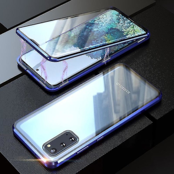 För Samsung Galaxy S20 4g / 5g case genomskinligt dubbelsidigt härdat glas Metall stötfångarram Helt skyddande cover（Blå）