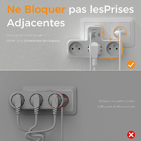 Multi Wall Socket, 3 Wall French Sockets, 1 USB Socket With 2 USB C, 6-in-1 Electric USB C Socket