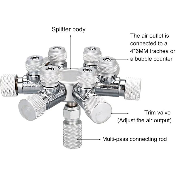 Akvarie CO2-delare, aluminiumlegering CO2-flödesfördelare med finjusteringsventil för 4x6 mm CO2-gasrör CO2-bubbelräknare（W02-06）