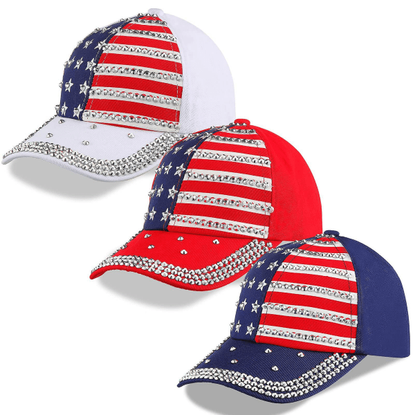 USA Bling cap American Flag Hip Hop Hat Justerbara Patriotic Kepsar för män kvinnor（Vit）