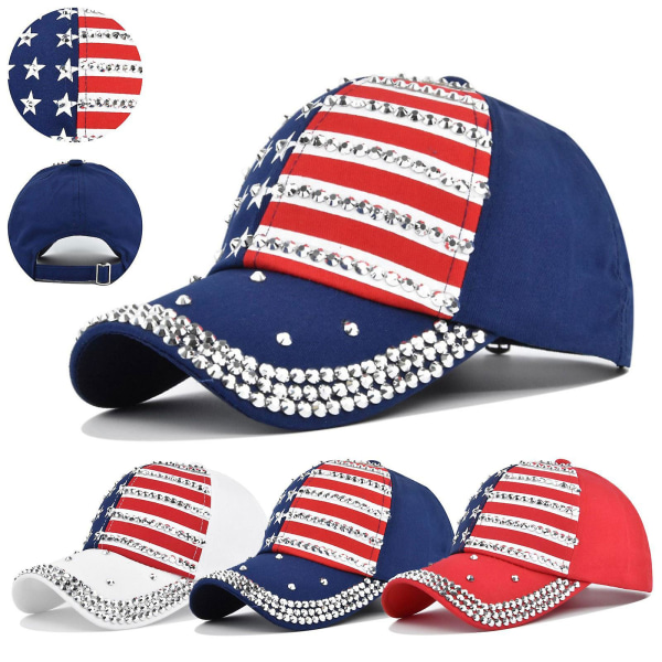 USA Bling cap American Flag Hip Hop Hat Justerbara Patriotic Kepsar för män kvinnor（Vit）