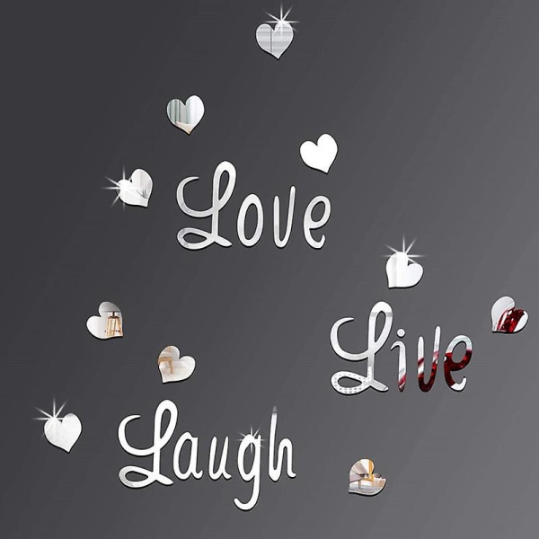 Love Live Laugh Wall Decal Decal Silver Heart Speil Vegg Decor Soverom Stue DIY Decor