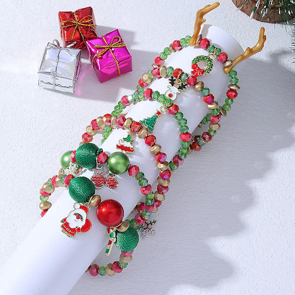 Set med 6 st jul armband färgglada jul pärlor charm stretch armband nyhet semester armband set för kvinnor flickor