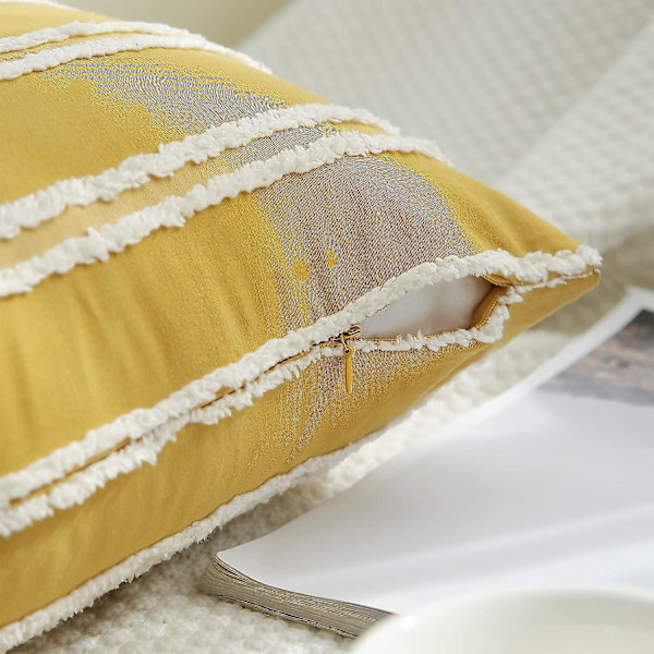 Boho Dekorativa Prydnadskuddar, Neutralrandiga Kuddfodral 50x50 Set om 2, Senapsgula Kuddfodral i Bomullslinne för Soffa Vardagsrum