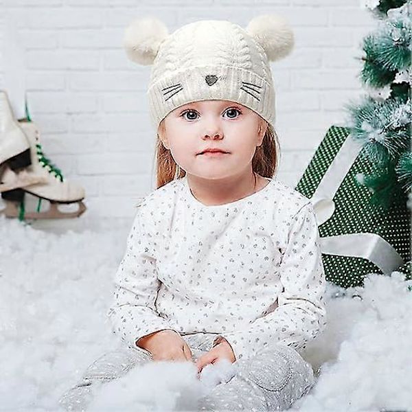 Stickad Katt-Vinterbollmössa för Småbarn, Beanie, Broderad, Varm, Bomullsull, Barnmössa