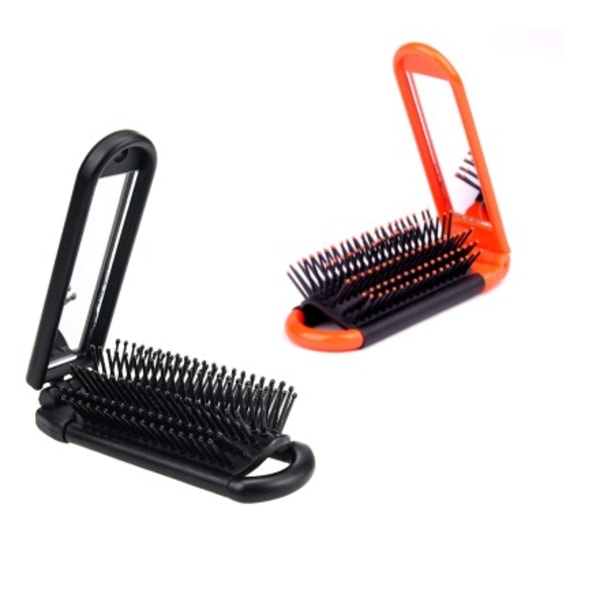 2 st hopfällbar hårborste med spegel Kompakt fickstorlek för bilresor -svart+orange