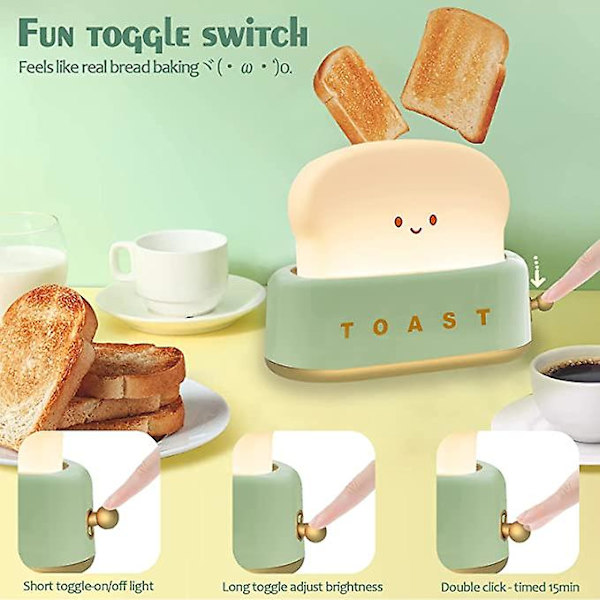 Brødristerlampe til skrivebordsdekor, oppladbar liten lampe med smilende toastbrød, søt brødristerform, nattlys for soverom, nattbord, stue