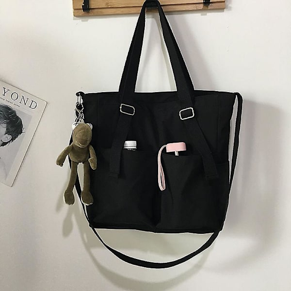 Handväska Vattentät Väska Stor Kapacitet Canvas Väska Kvinnlig Messenger Koreansk Student Harajuku Japansk En-axlad Stor Väska（svart med groda）