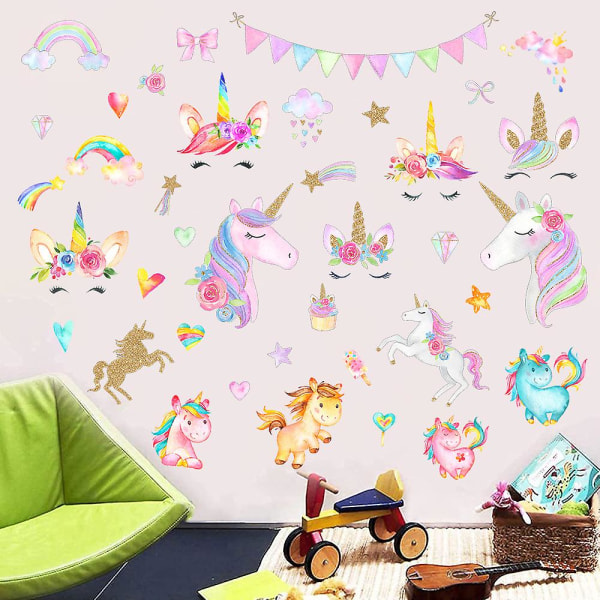 Enhjørning vægklistermærker klistermærker til pigeværelse, stor størrelse Unicorn vægklistermærker dekorationer til unger Børn Soveværelse fødselsdagsfest