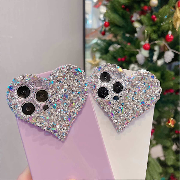 Söt iPhone 14-fodral 3D Glitter Sparkle Bling-fodral för kvinnor och flickor, vackert strassdiamant söt estetisk hjärta pärlor mjuk TPU stötfångare