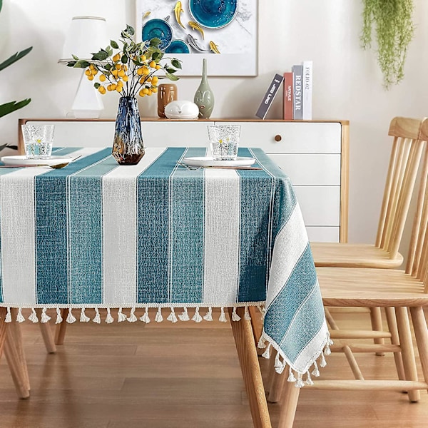 Randig Duk med Toppar, Sydd Rektangulär Bordsduk i Bomull och Linne för Köksbord, Matbord, 137 x 218 cm, Teal
