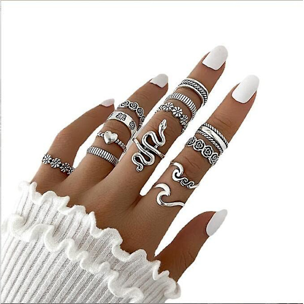 13 st Boho-ringar i silver, knogringar, statement-ormringar, set för tonårsflickor, Fesvital smycken, Halloween-fest, julklapp