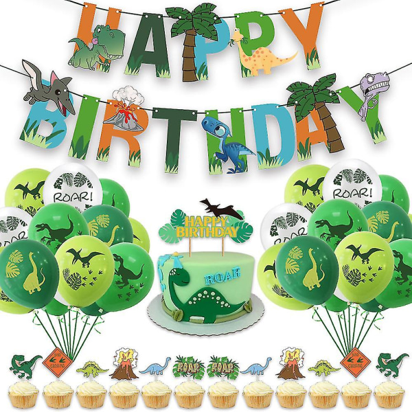 Børnefødselsdag dinosaur latex balloner, dinosaur fødselsdag dekoration sæt, børns fødselsdag dekoration med tillykke med fødselsdagen banner