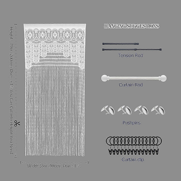 Macrame-spetsdörrgardin för dörröppningar, rumsavdelare, hippiefönsterpanel, rumsavdelare, vägg, garderobsgardiner (100200cm, vit)