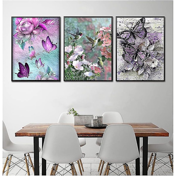 6-pack Diamantmålningskit - Kit för vuxna, barn, nybörjare, DIY Fjäril Kolibri Blommor Diamantmålningspaket Hem Väggdekor 30x40cm