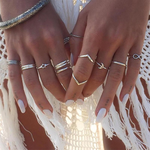 WABJTAMSet av 12 vintage-stil silverringar för kvinnor och flickor, stjärn- och månmönster Midi-ringar Knuckle Ring Sets Stackable Rings för kvinnor och flickor