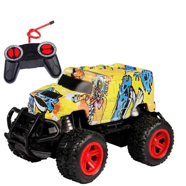 Trådløs 4-vejs fjernbetjening terrængående køretøjsmodel Graffiti-legetøjsbil Elektrisk trådløs bilmodel Doodle-legetøjsbil（gul）