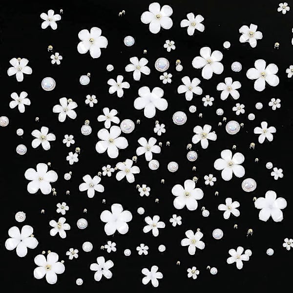 3D Blomster Nagelkonst Charm, 250 st Vit Blommor Nagel Strass Kit 3D Kristall Nagel Pärlor Platt Design Akryl Nagelkonst Dubbar Manikyr Nagel Tillbehör