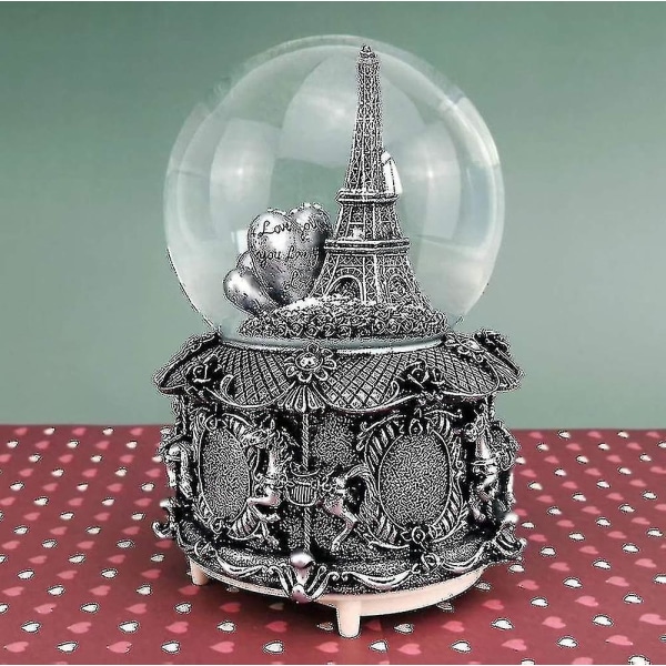 Paris Eiffeltårnet Snow Globe musikkboks med automatisk snøfall og fargerike lys, 100 mm 6" høy JU