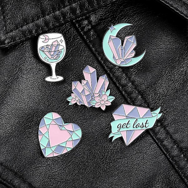 Set med 5 emaljerade pins med diamantkristallkluster, måne, vinglas, pins för tjejer, present, pins, ryggsäckstillbehör, märken, hattar, väskor.