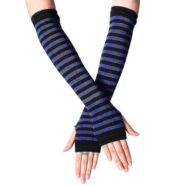Dame stribede fingerløse håndalbuehandsker Armvarmere langærmet vante (blå)