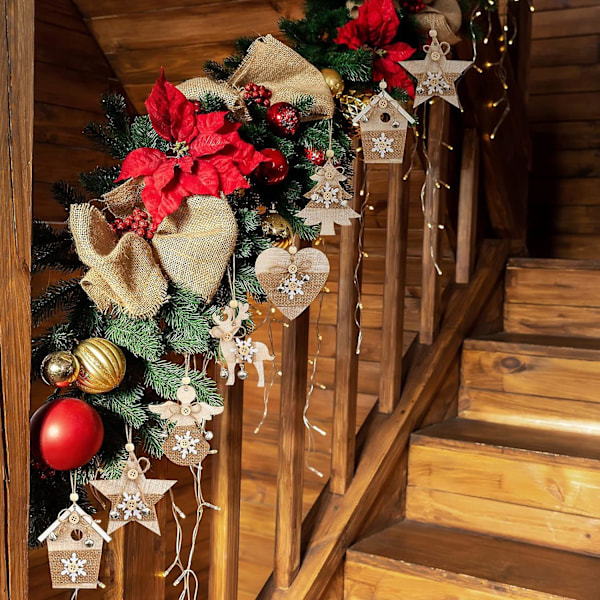 12 st Rustic Julgranspynt i Trä - Rensa, Stjärna, Naturträ - Juldekorationer - Assorterade Farmhouse Hängande Pynt för DIY Julgran