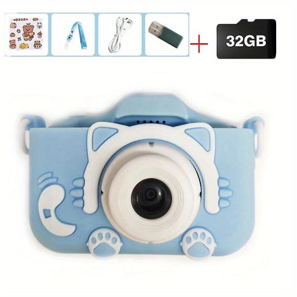Barnekamera HD tegneserievideo liten speilreflekskamera med to kameraer minileketøy kameragave（blå）