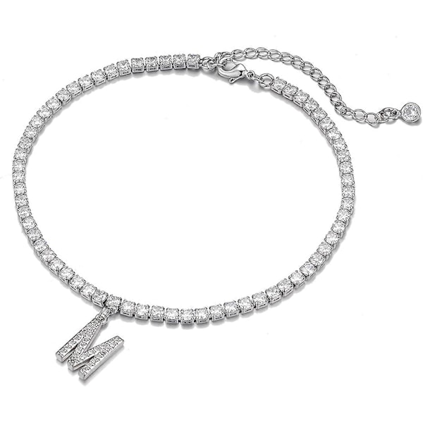Initial Anklets för Kvinnor, Vitguldförgylld Söt Tenniskedja CZ Bokstavsanklets Sommar Smycken Presenter för Kvinnor Tonårsflickor N-silver -
