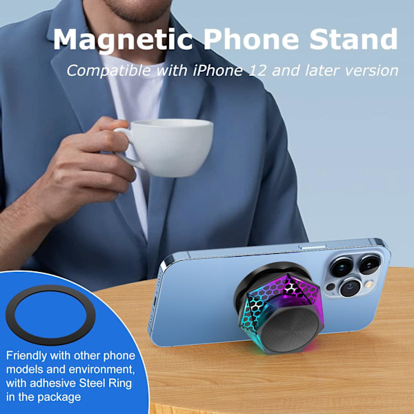 Magnetisk Diamant Bluetooth-högtalare, Liten Trådlös Högtalare med Multi-RGB Färg Ljusshow, Bärbar Telefonhållare för iPhone, Android, TWS-parning