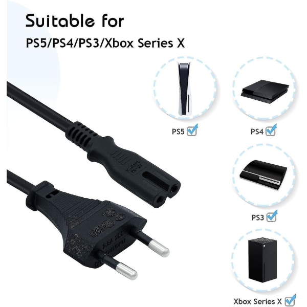 1,5 m strømkabel Eu-stik C7 Bipolar 2-kabel til Ps5 / Ps4 / Ps3 / Xbox Series X / S - Sort