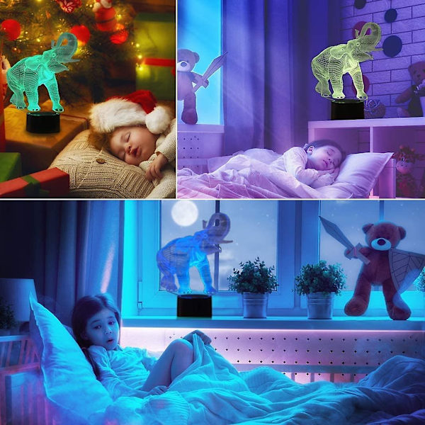 3D Elefant LED-lampa Art Deco 3D LED-lampa Fjärrkontroll 7/16 Färgförändring Nattlampa USB-driven Barnpresent Födelsedag Julgåva